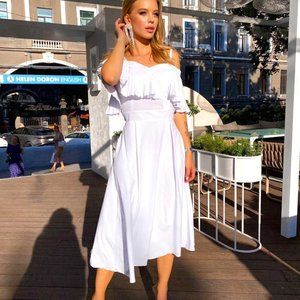 Gorgeous White Flared Summer Dress Pleated